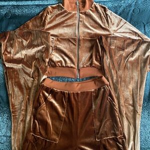 Sporty Velvet Solid Zipper 2 Piece Pant Sets
